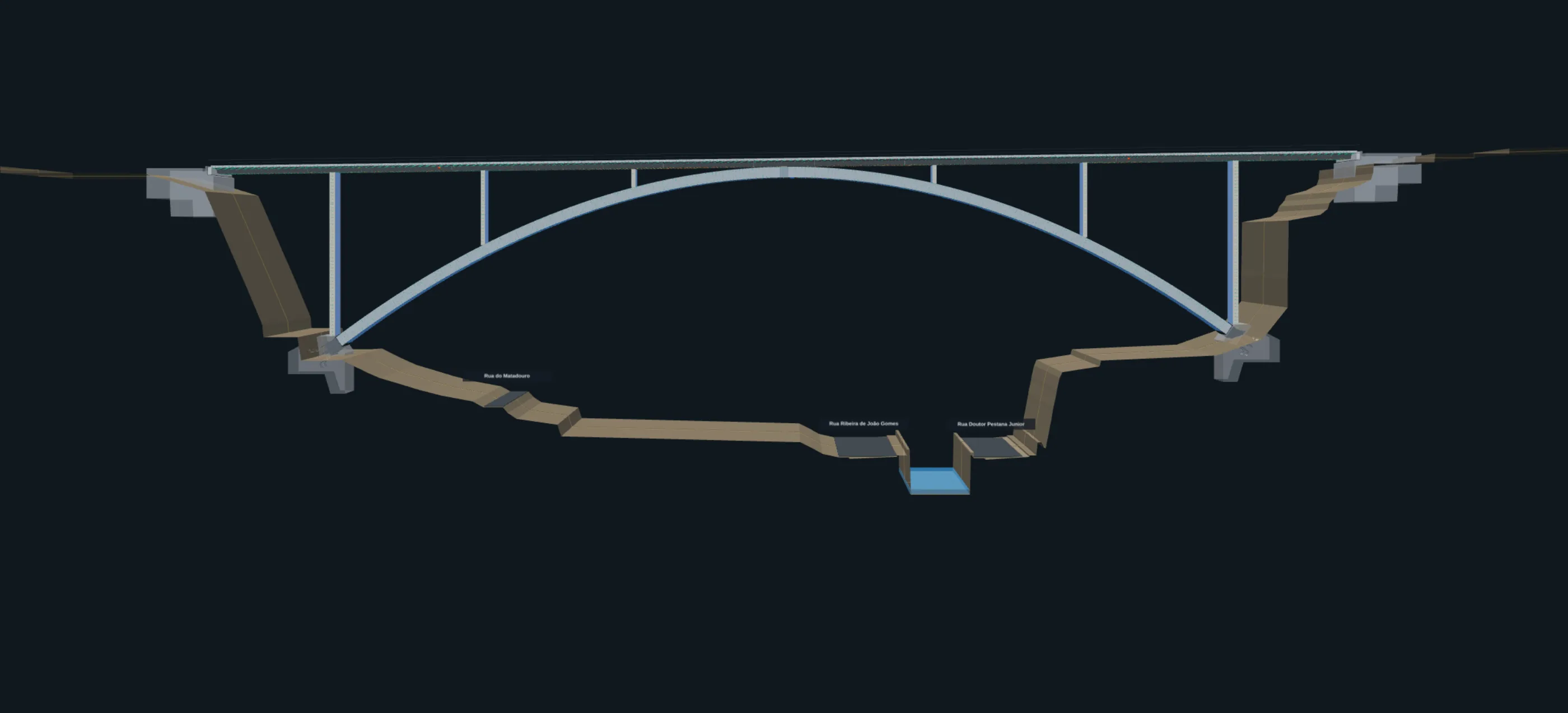The whole bridge in elevation, from the 3D model: a slender arch spanning the valley with the deck on piers above it.