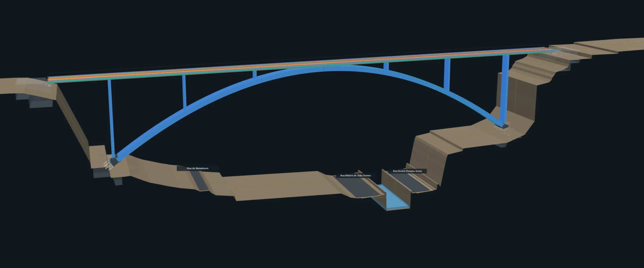 Oblique view of an arch bridge crossing a deep valley, from my 3D model.