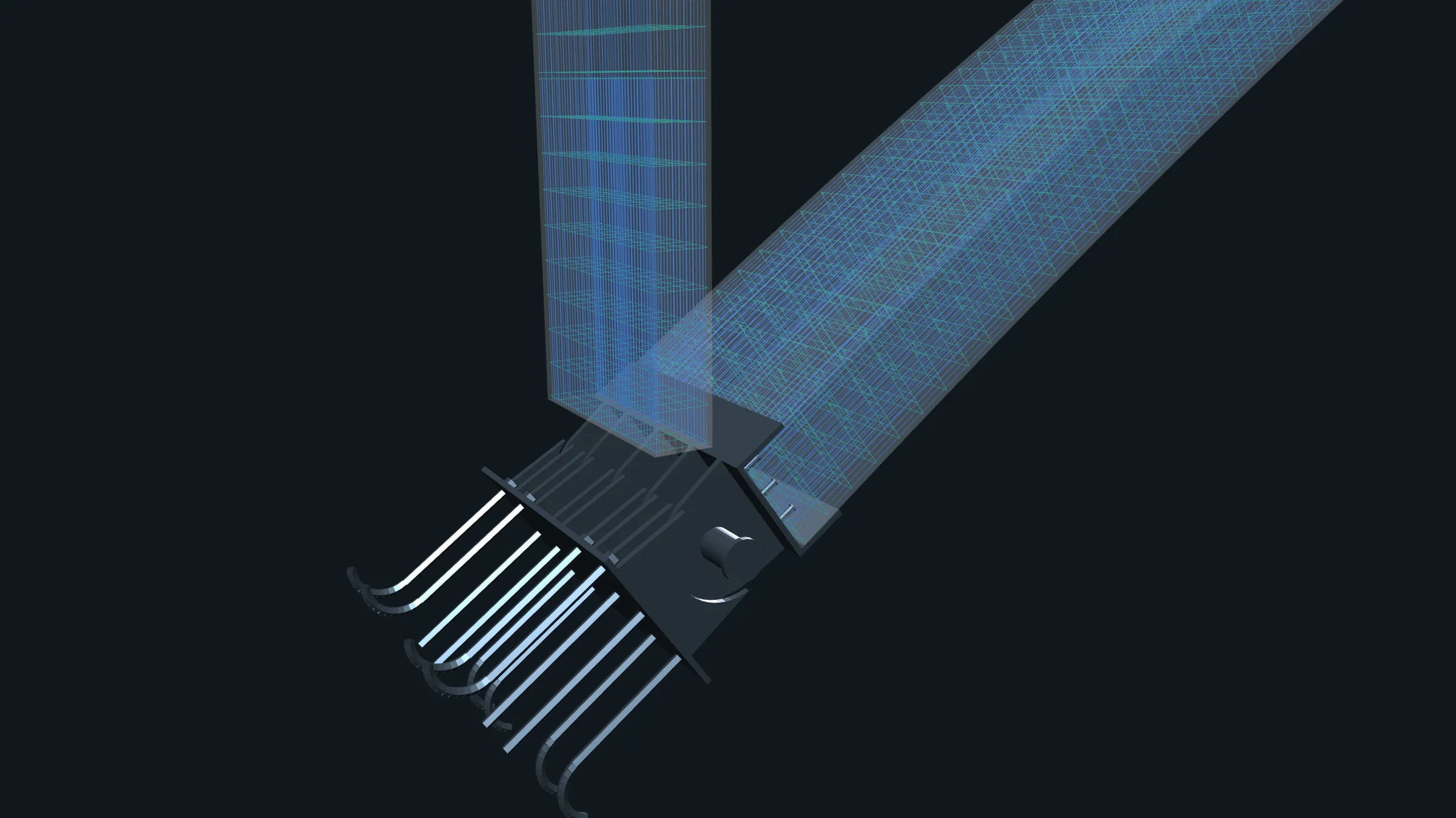 The steel hinge at the foot of the arch, with its anchor bars, from my 3D model.
