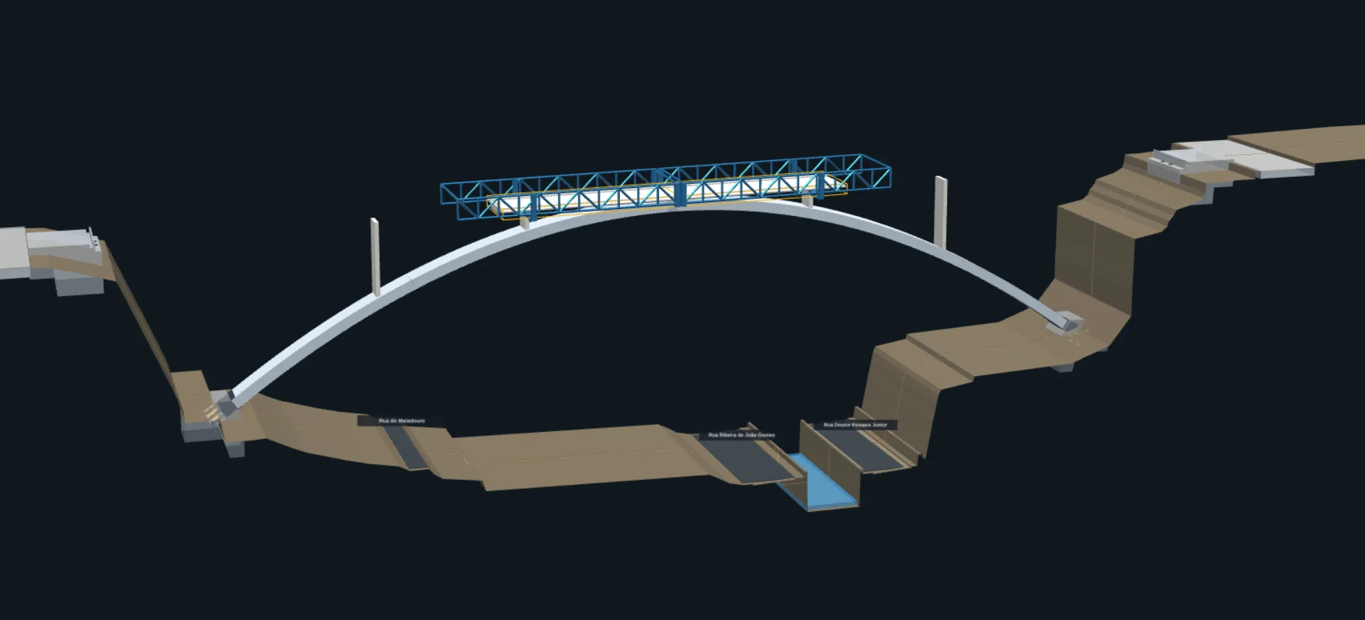 A construction stage of the bridge: the arch is complete and a steel truss sits above its crown.
